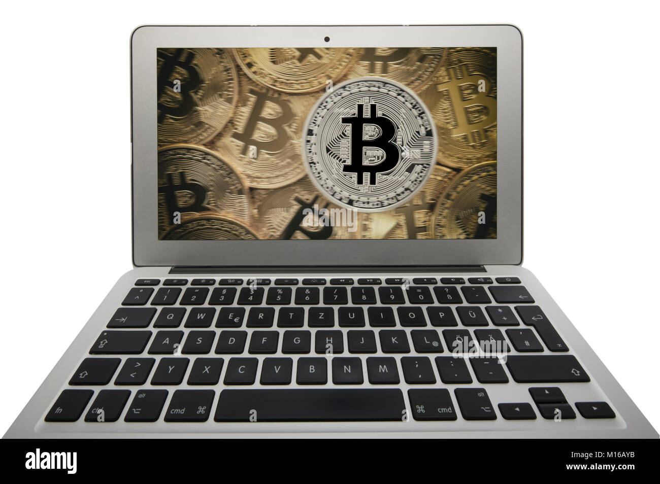 Symbol Bild Turbulenzen, Volatilität, Aktienkurs digitale Währung, Gold physischen Münze bitcoin Laptop Stockfoto