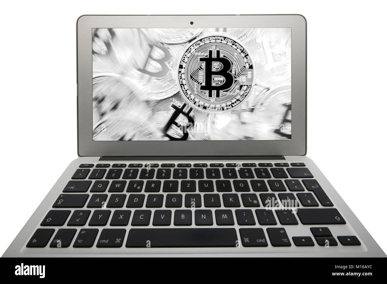 Symbol Bild Turbulenzen, Volatilität, Aktienkurs digitale Währung, Gold physischen Münze bitcoin Laptop Stockfoto