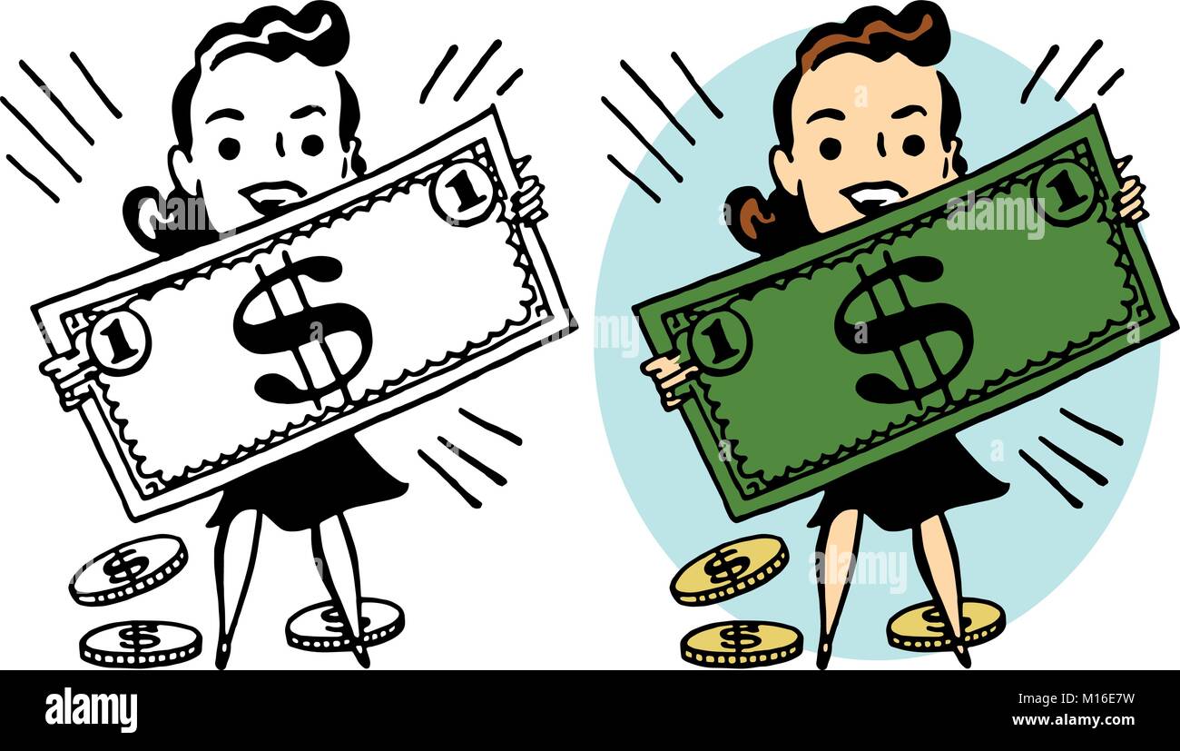 Ein glückliches Cartoon woman holding, einem riesigen Dollar Bill. Stock Vektor