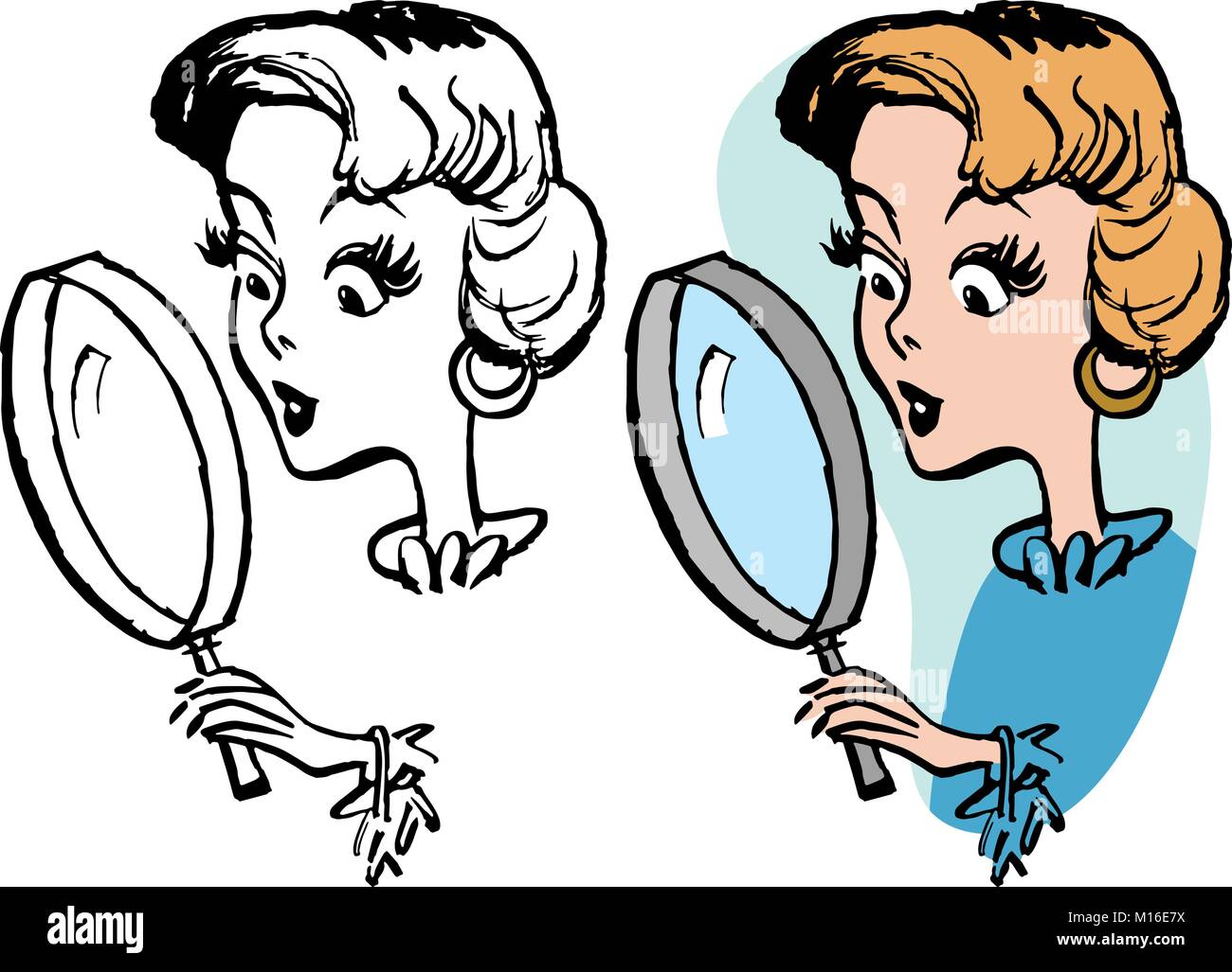 Eine Frau beim Blick durch ein Vergrößerungsglas auf etwas Interessantes. Stock Vektor