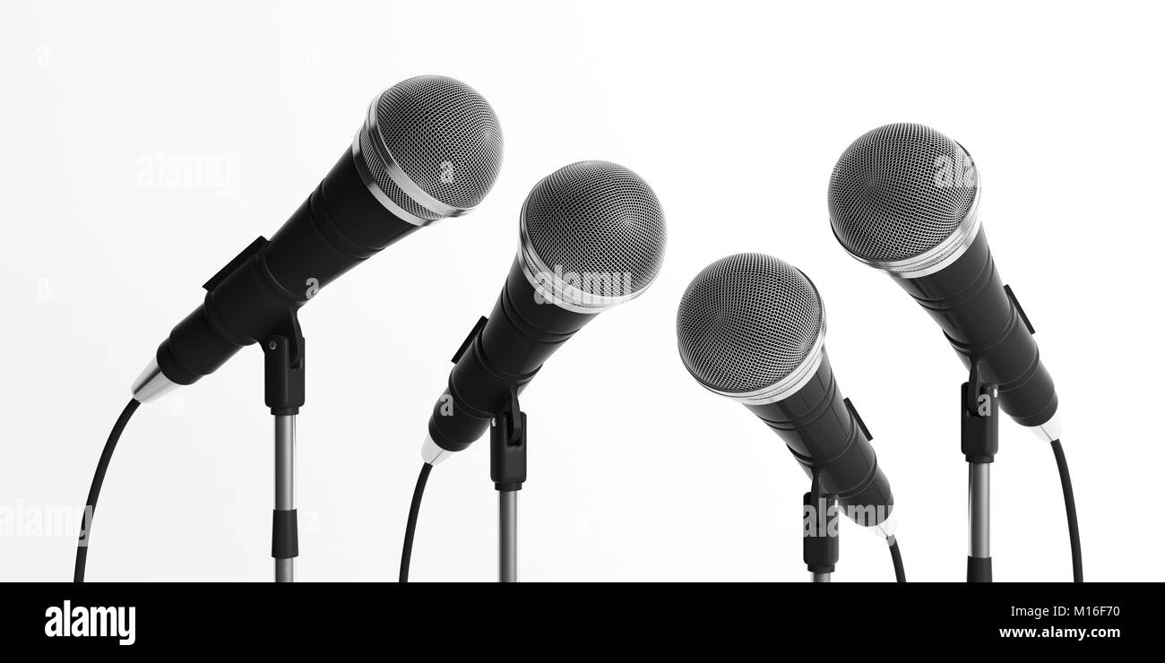 Pressekonferenz Konzept. Kabel Mikrophone auf steht auf weißem Hintergrund. 3D-Darstellung Stockfoto