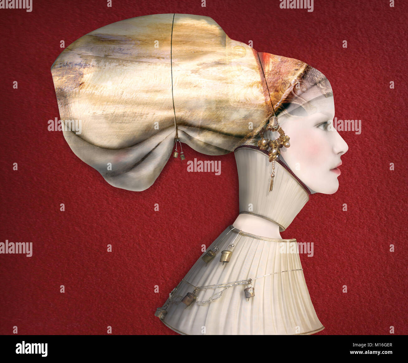 Schöne künstlerische Portrait einer weiblichen Modell Profil im Kostüm auf rotem Hintergrund Stockfoto