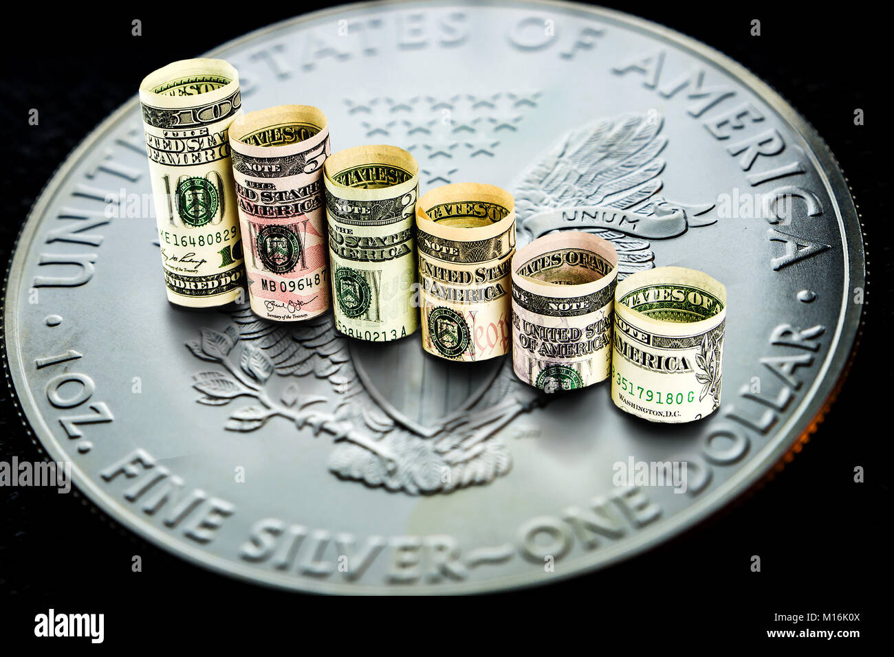 Nahaufnahme von Silber American Eagle Münze mit einem Diagramm Reflexion auf seiner Oberfläche mit grünen und roten Balken und Walzen der Dollar Banknoten bilden declinig Stockfoto