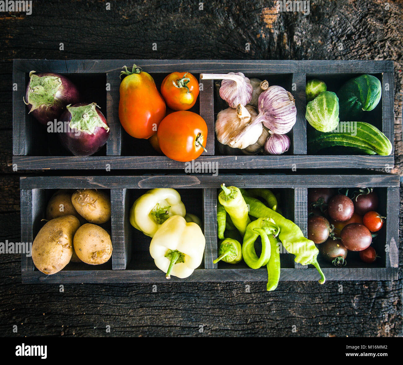 Gemüse auf Holz. Bio Gemüse in rustikalem Ambiente. Frische Lebensmittel. Gesundes Gemüse Stockfoto