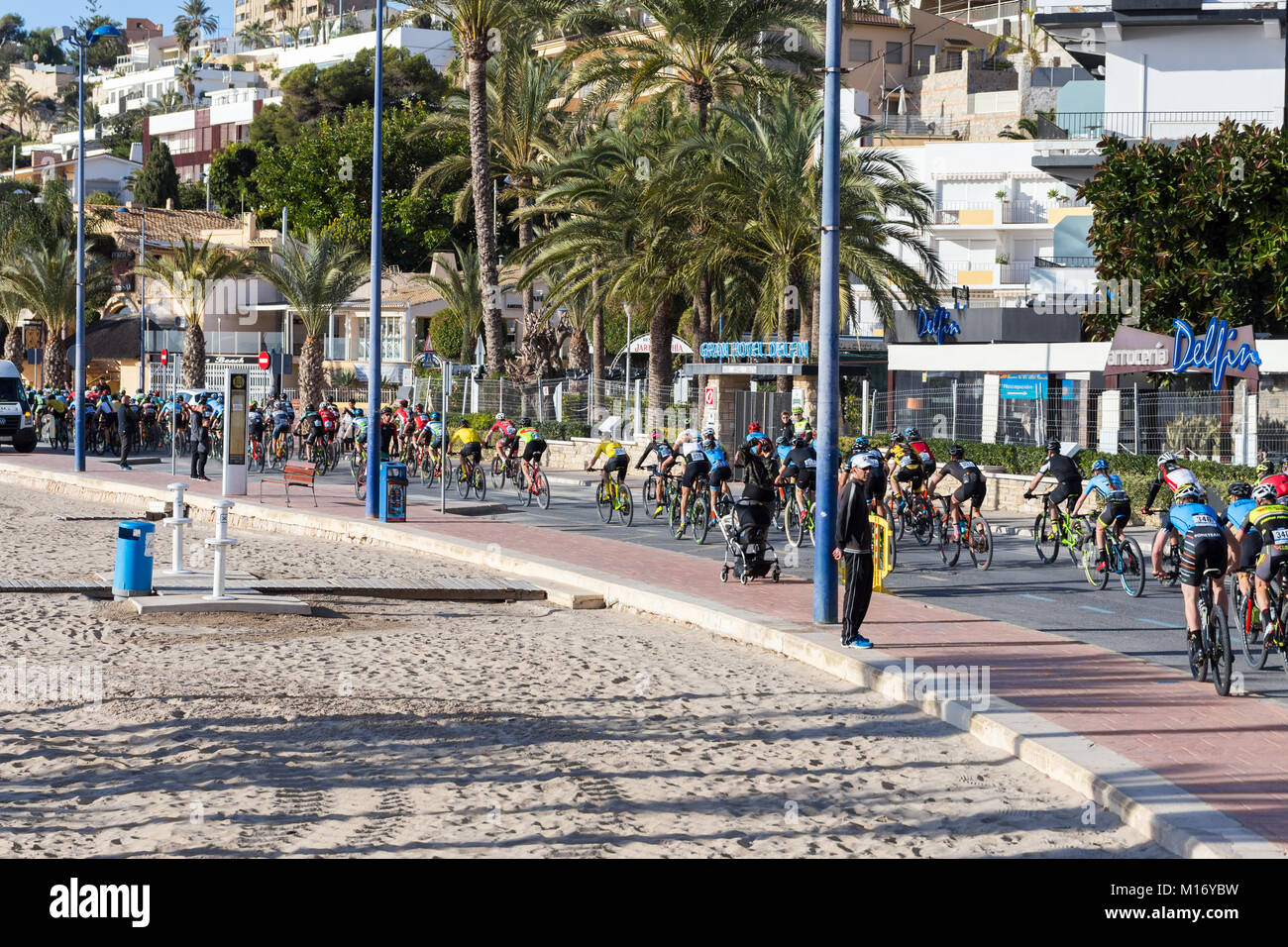 Benidorm, Costa Blanca, Spanien, 27. Januar 2018. Stufe 3 der Costa Blanca Bike Race, die Blätter der Küstenstadt Benidorm in Villajoyosa über eine anstrengende, bergige Strecke landeinwärts. Die cbbr ist ein Mountainbike Wettbewerb, die Teil der Union Cycliste Internationale (UCI) Kalender mit dieser Phase zwischen 50 und 60 Kilometer. Das Rennen steht für das einzige Rennen in Spanien paarweise gelaufen. Das Hauptziel dieses Rennen ist Amateure mit der professionellen Welt des Radfahrens zu mischen, jedem auf jeder beliebigen Ebene in das Feld werden könnte. Credit: Mick Flynn/Alamy leben Nachrichten Stockfoto