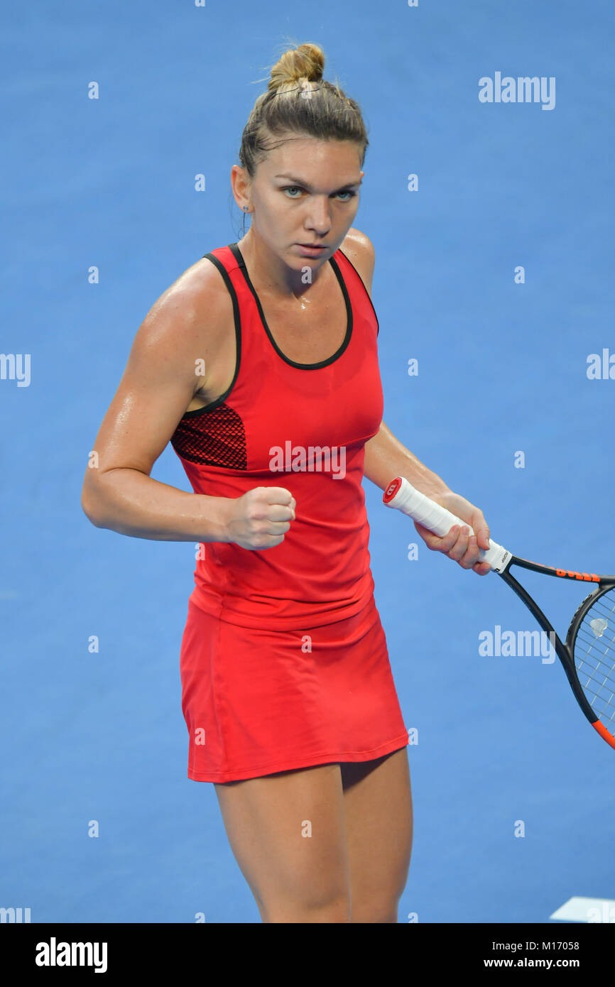 Melbourne Australien 27 Jan 2018 Anzahl Samen Simona Halep Von Rumanien Im Finale Der Frauen Gegen Die Nummer Zwei Samen Caroline Wozniacki Aus Danemark An Tag 13 Der Australian Open 2018 Grand