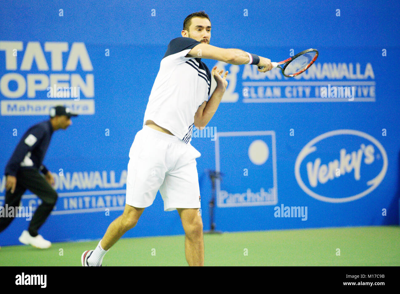 Pune, Indien. 4. Januar 2018. Marin Cilic aus Kroatien, in Aktion in einem Viertelfinale der Tata Open Maharashtra Tennis Turnier. Stockfoto