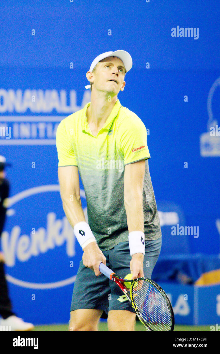 Pune, Indien. 5. Januar 2018. Kevin Anderson aus Südafrika, in Aktion in einem Halbfinale am Tata Open Maharashtra Tennis Turnier. Stockfoto