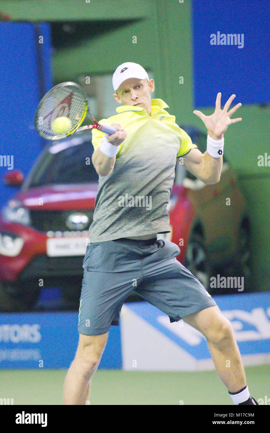 Pune, Indien. 5. Januar 2018. Kevin Anderson aus Südafrika, in Aktion in einem Halbfinale am Tata Open Maharashtra Tennis Turnier. Stockfoto