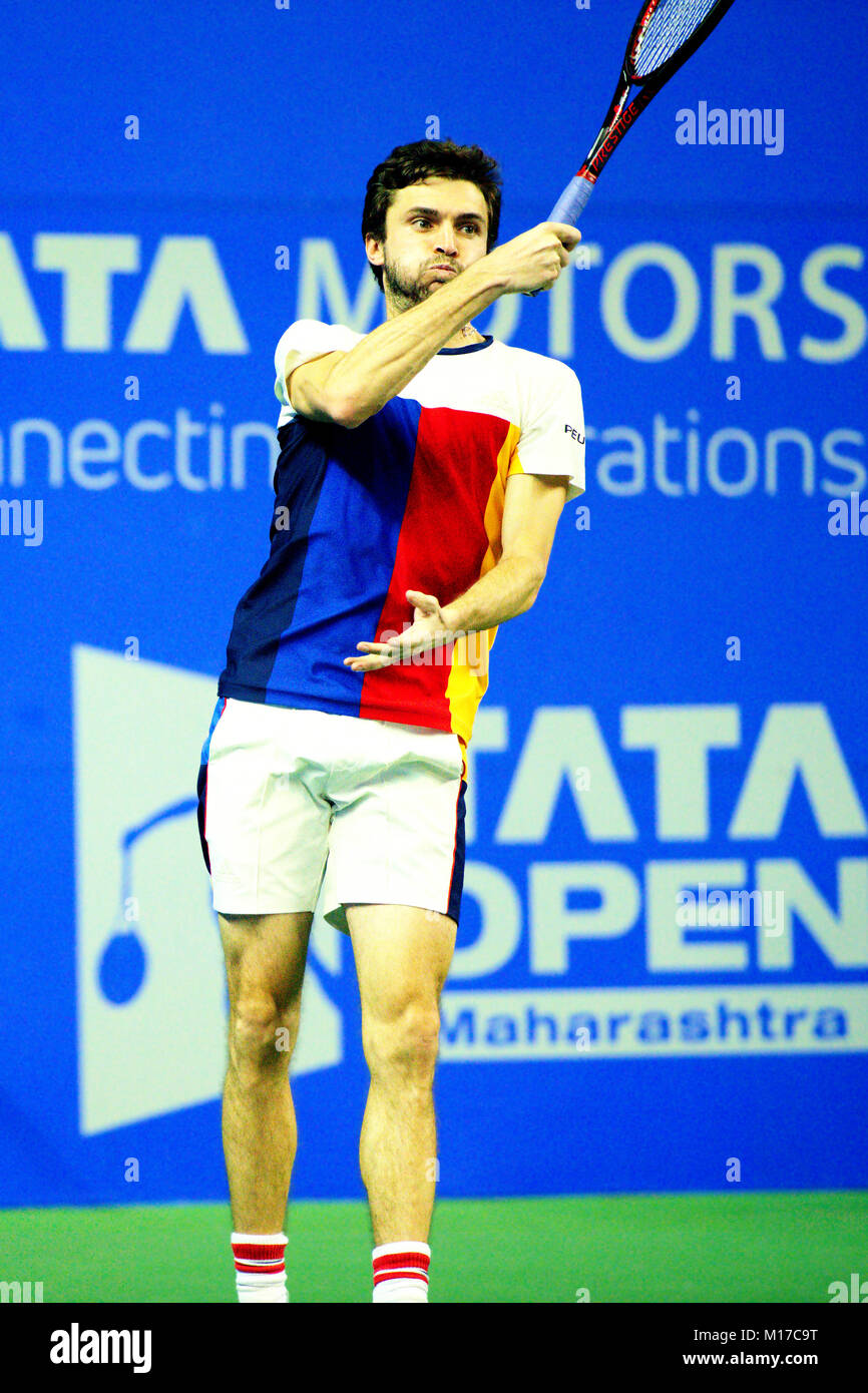 Pune, Indien. 6. Januar 2018. Gilles Simon von Frankreich, in Aktion im Einzel Endrunde von Tata Open Maharashtra Tennis Turnier. Stockfoto