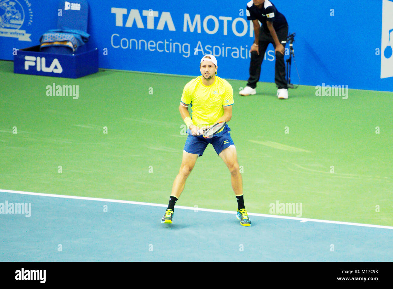 Pune, Indien. 1. Januar 2018. Tennys Sandgren der USA, in Aktion in der ersten Runde von Tata Open Maharashtra Tennis Turnier. Stockfoto