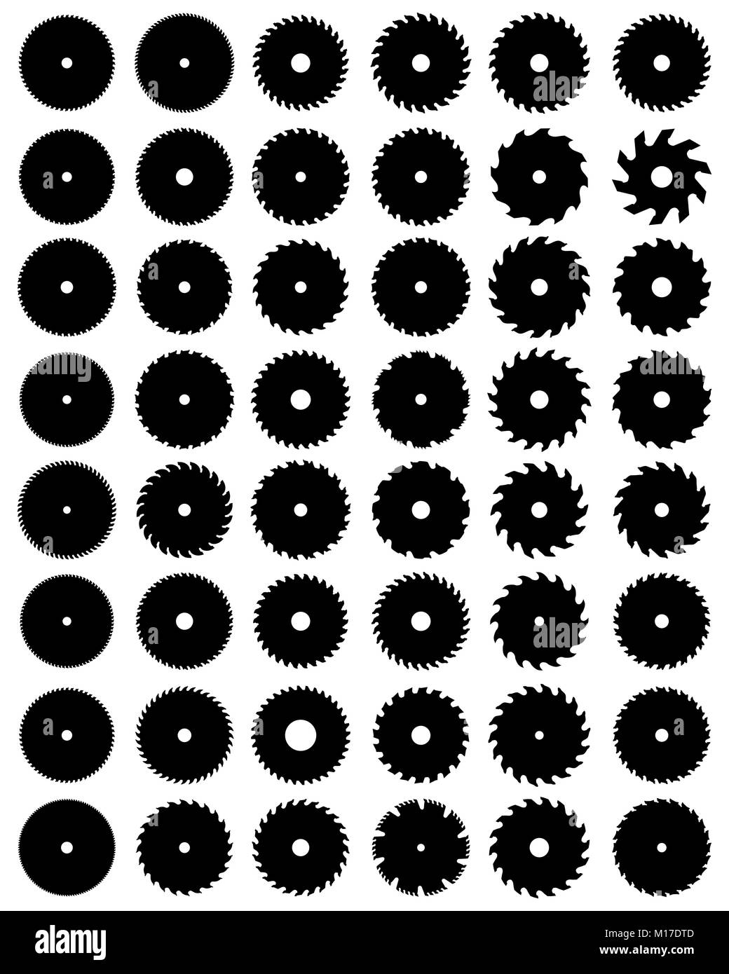 Schwarze Silhouetten von verschiedenen Kreissägeblätter, Vektor Stockfoto
