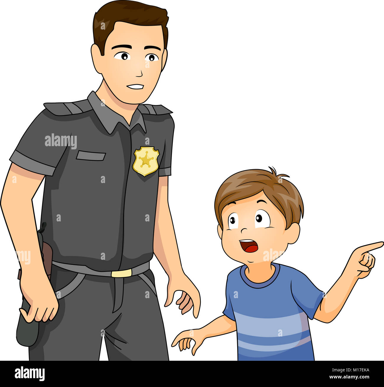 Abbildung: Ein kleiner Junge Berichterstattung ein Verbrechen zu einem uniformierten Polizisten Stockfoto