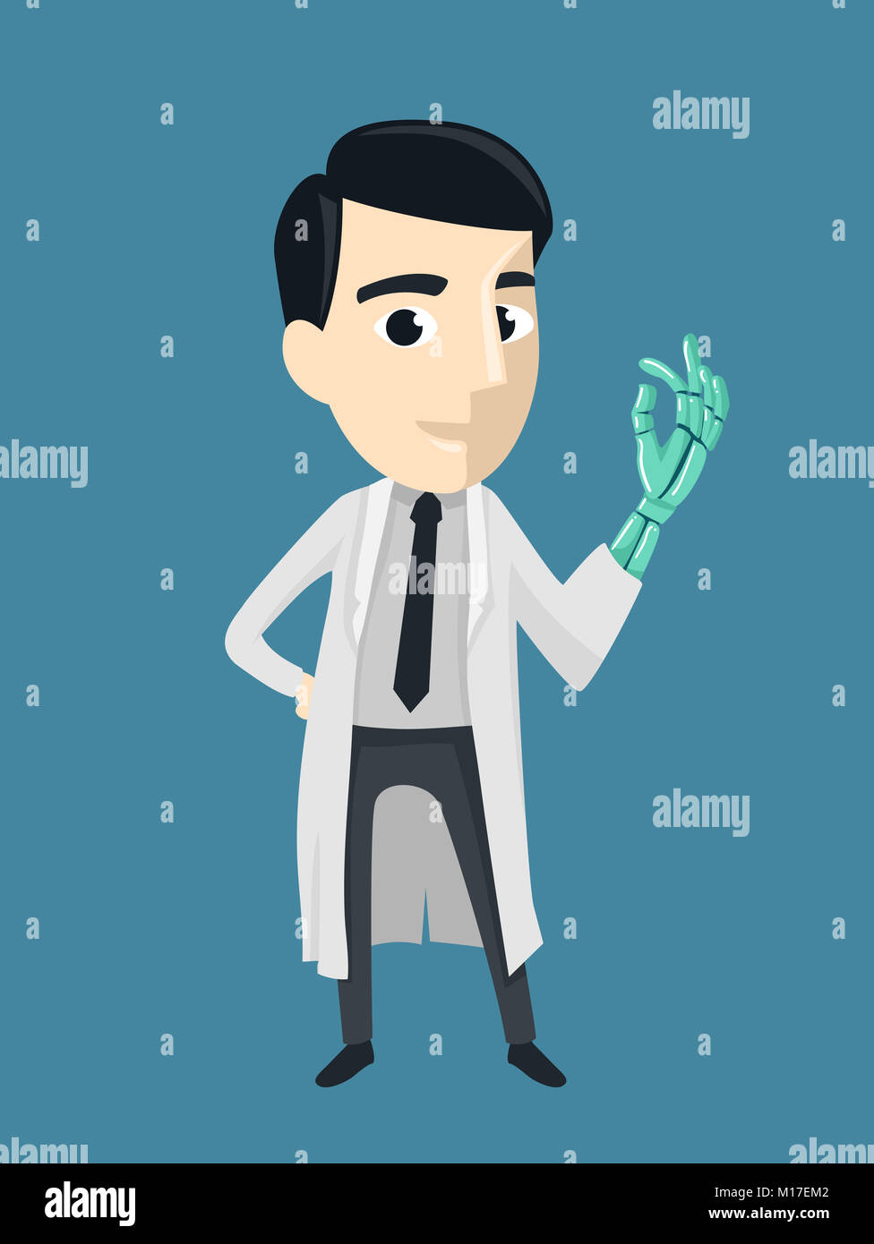 Abbildung: Mit einem Mann in einem Laborkittel zeigt seine künstliche Arm Stockfoto