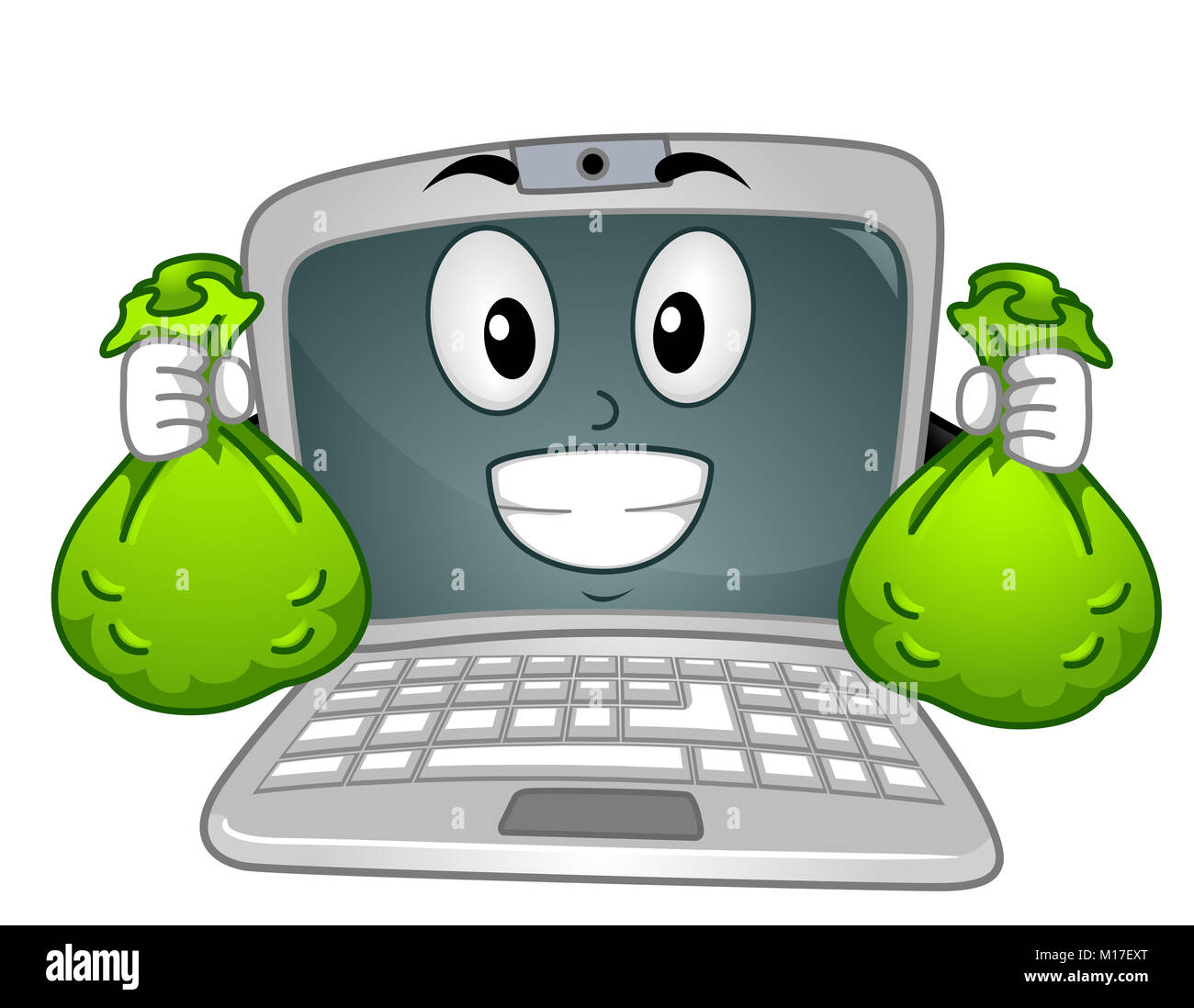Abbildung: Ein glückliches Laptop Maskottchen Holding Grün Beutel mit Bargeld Stockfoto