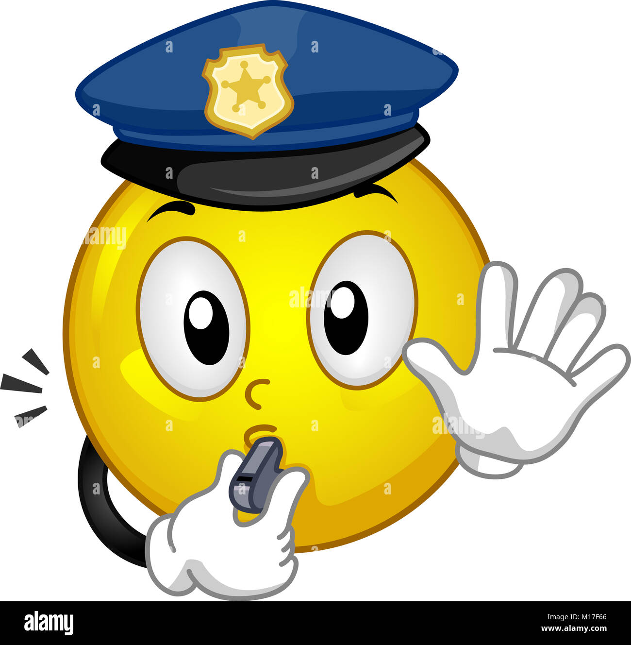 Abbildung: ein Smiley Polizei Maskottchen mit einem Pfeifen und Gestikulierend stoppen Stockfoto