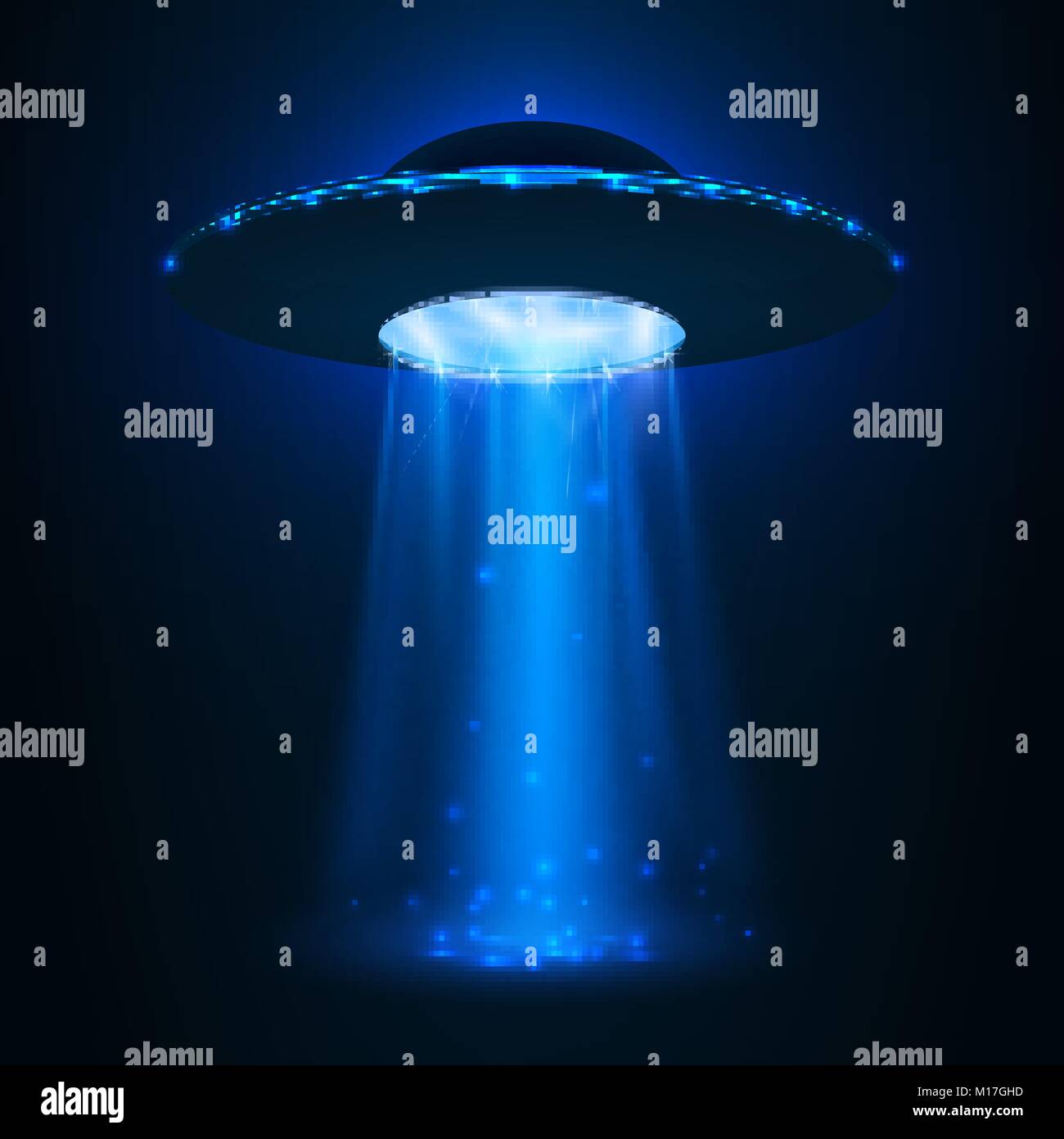 UFO Raumschiff. Unbekanntes Flugobjekt mit Lichtstrahl. Vector Illustration Stock Vektor