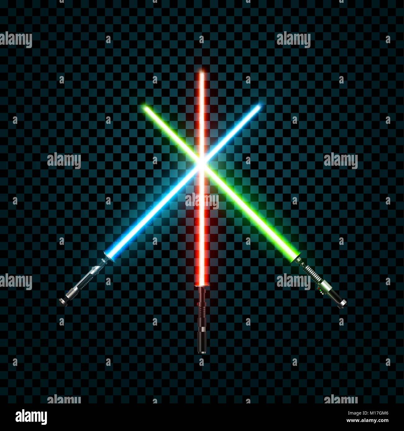 Festlegen von realistischen Licht Schwerter. Gekreuzte Schwerter. Vector Illustration isoliert auf transparentem Hintergrund Stock Vektor