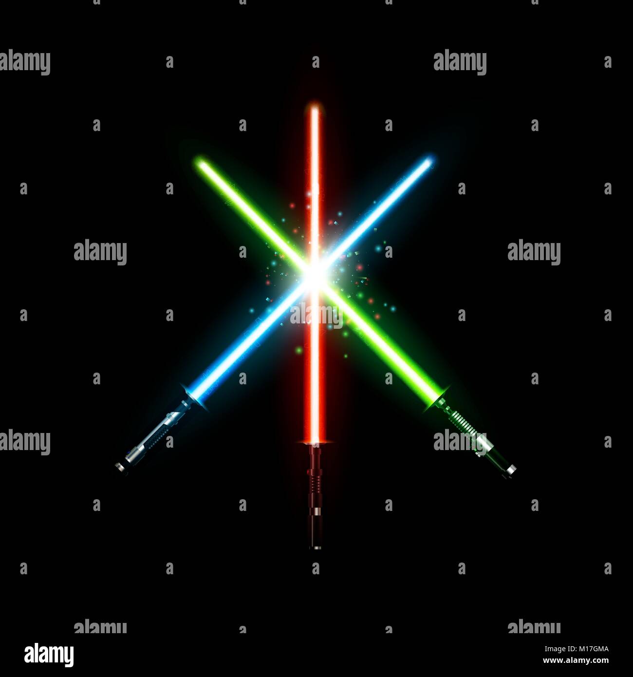 Festlegen von realistischen Licht Schwerter. Gekreuzte Schwerter. Vector Illustration auf dunklem Hintergrund isoliert Stock Vektor