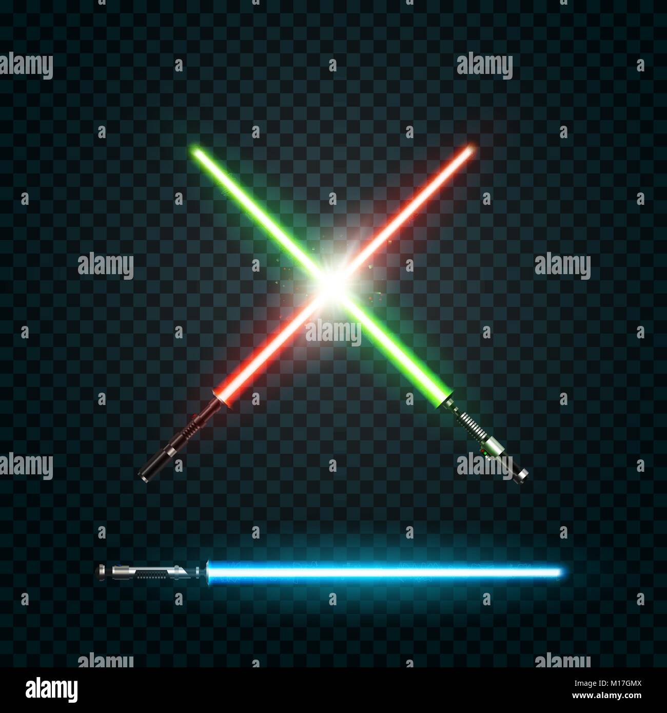 Festlegen von realistischen Licht Schwerter. Gekreuzte Schwerter. Vector Illustration auf dunklem Hintergrund isoliert Stock Vektor