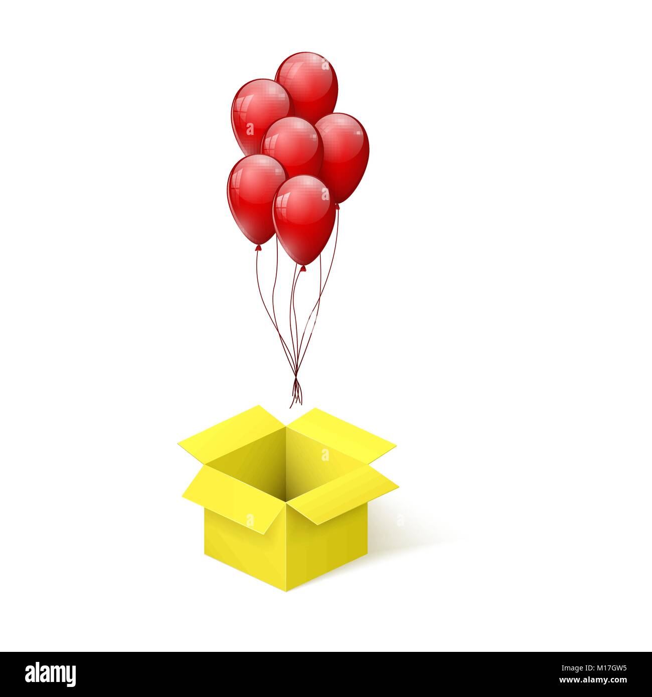 Box mit Überraschung. Ballone aus offenen gelbe Box. Vector Illustration Stock Vektor
