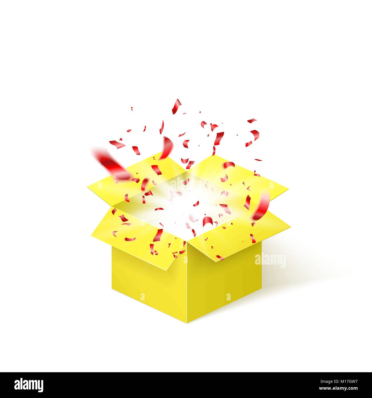 Gelber Kasten mit rotem Konfetti. Surprise box auf weißem Hintergrund. Vector Illustration Stock Vektor