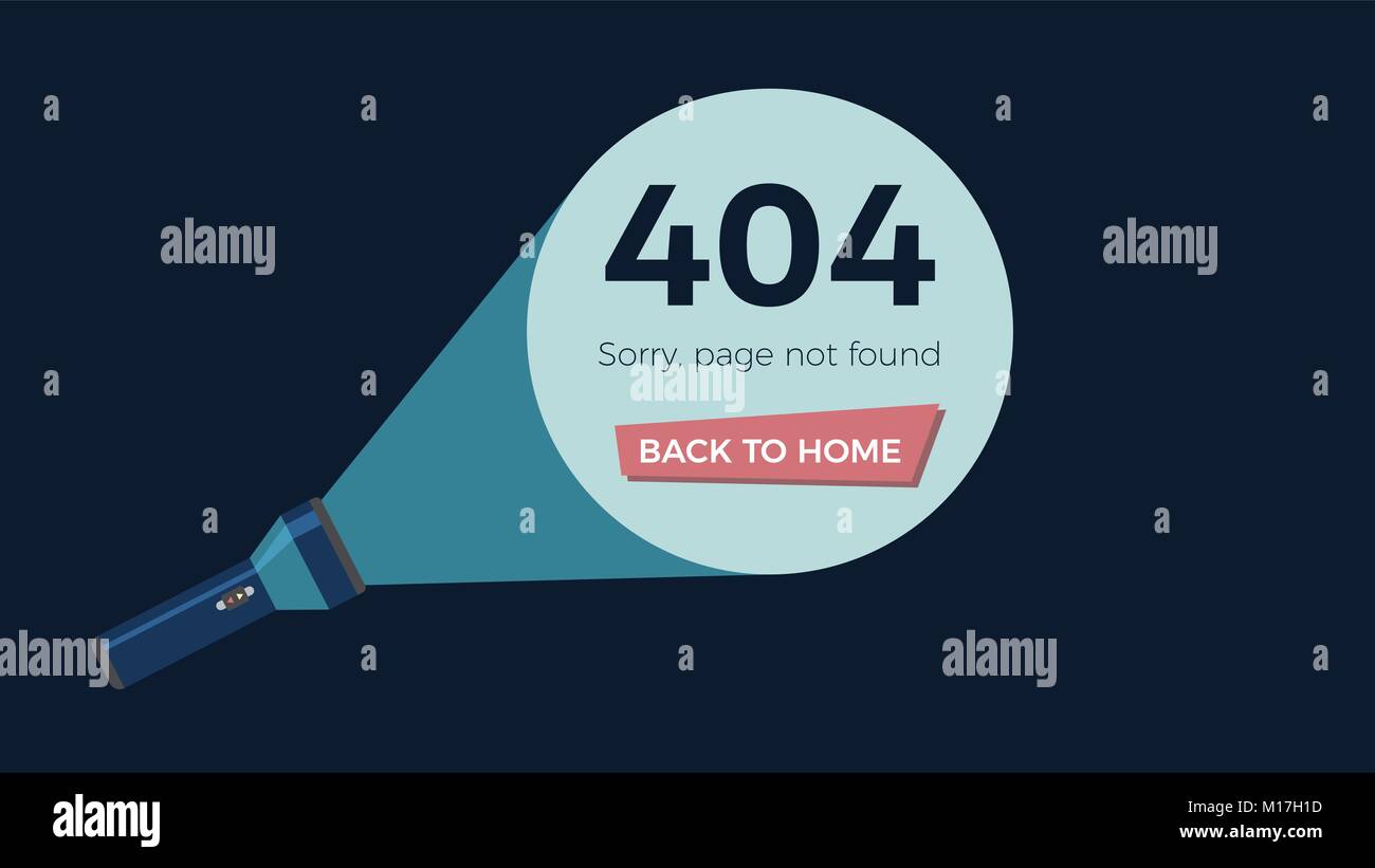 Bildschirm mit Fehlermeldung 404, Seite nicht gefunden. Taschenlampe Leuchten über Text und Knopf. Flache Vector Illustration Stock Vektor