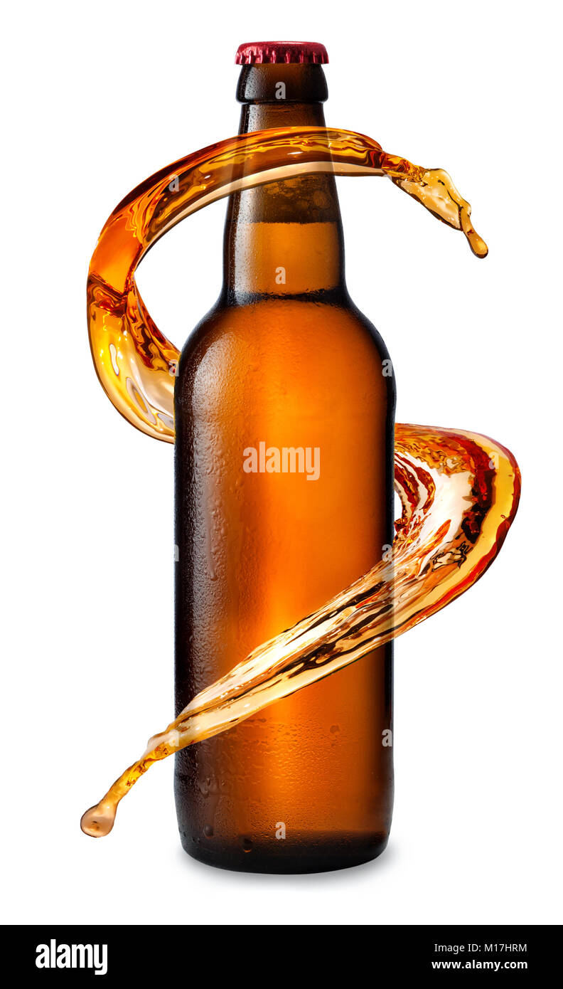 Flasche Bier mit Splash Stockfoto