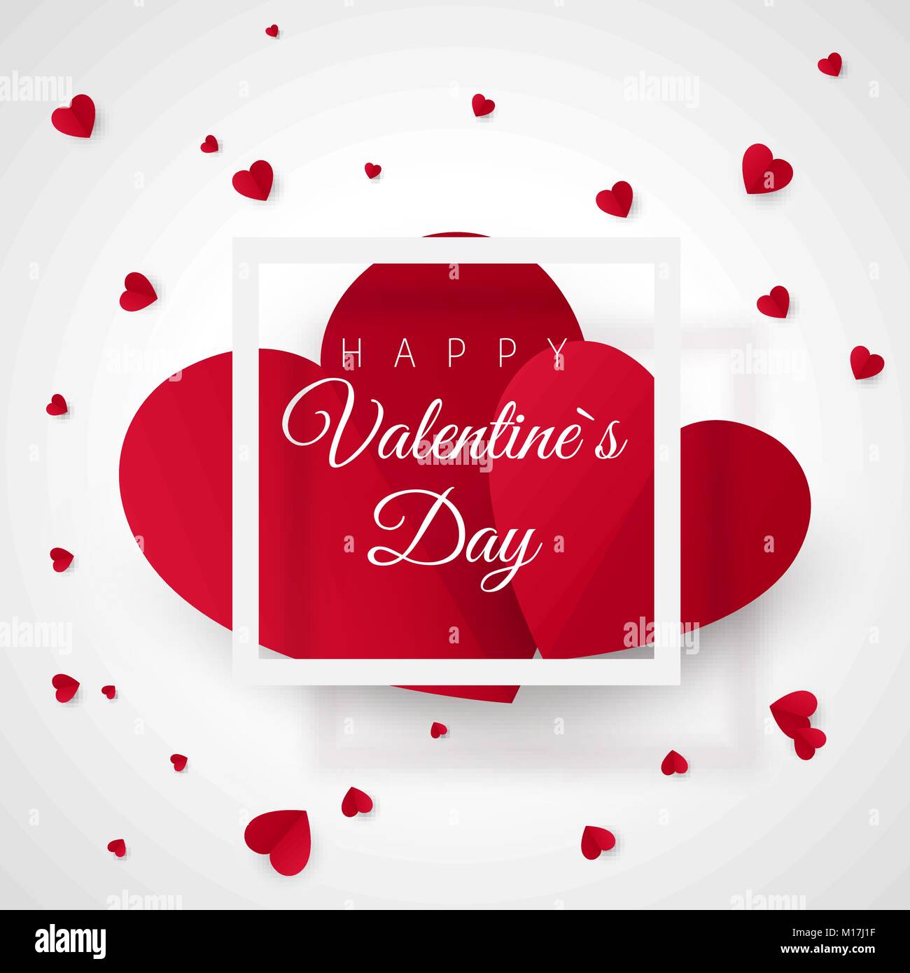 Valentines Tag Grußkartenvorlage Zwei große Herz und weißen Rahmen Romantische Postkarte für Stockbild