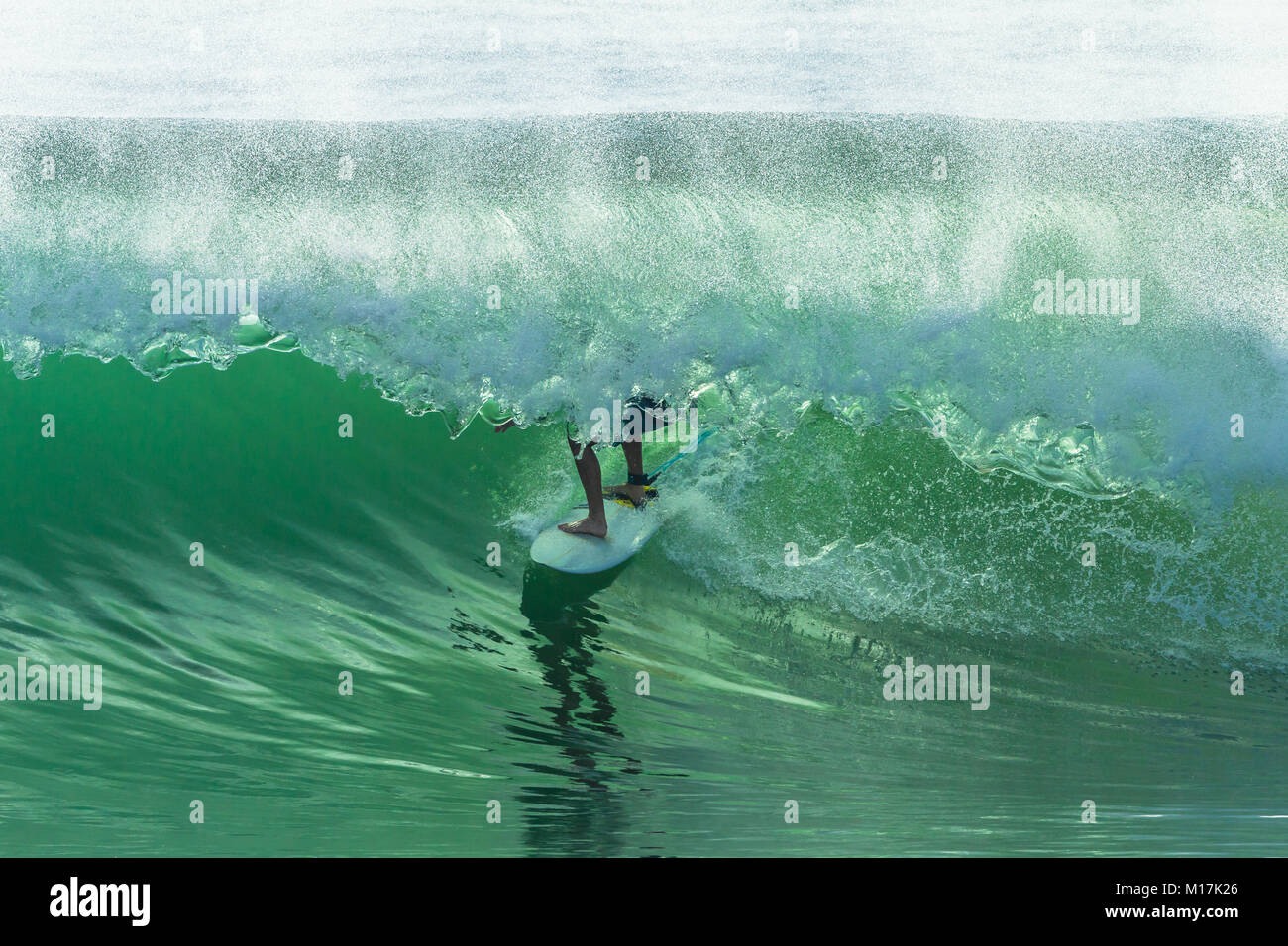 Surfer Surfen hohlen Ocean Wave für eine Fahrt mit der U-Bahn closeup Foto Aktion. Stockfoto