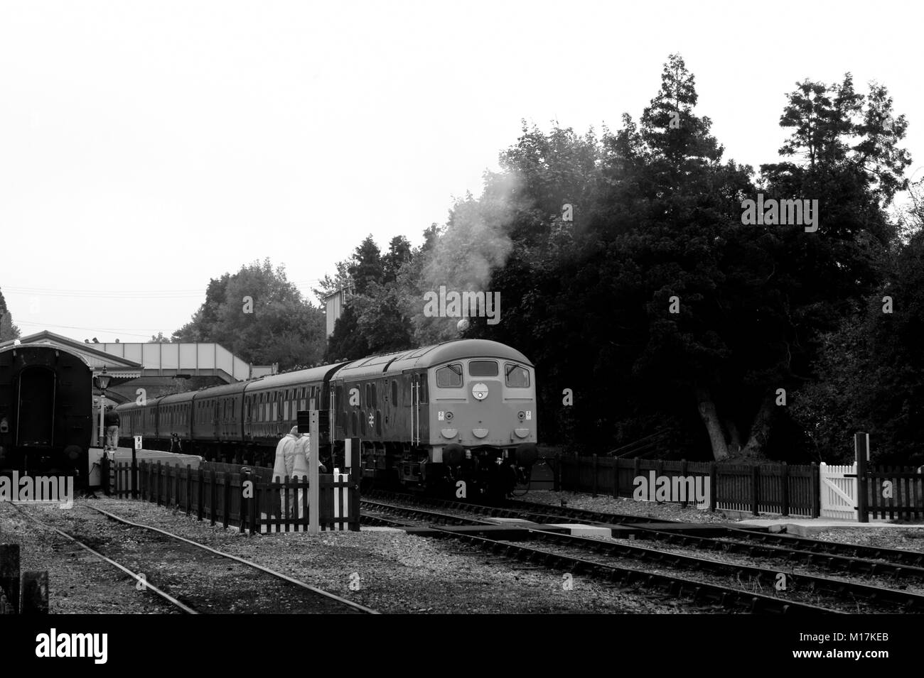 Dieselzug, der durch die Gloucestershire Warwickshire Railway, Toddington Station in Gloucestershire, fährt. Stockfoto