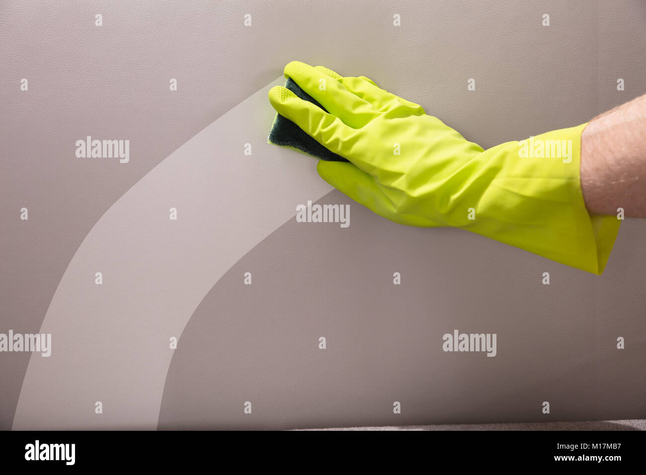 Nahaufnahme von einer Person Hand Handschuhe Reinigung Sofa mit Schwamm Stockfoto