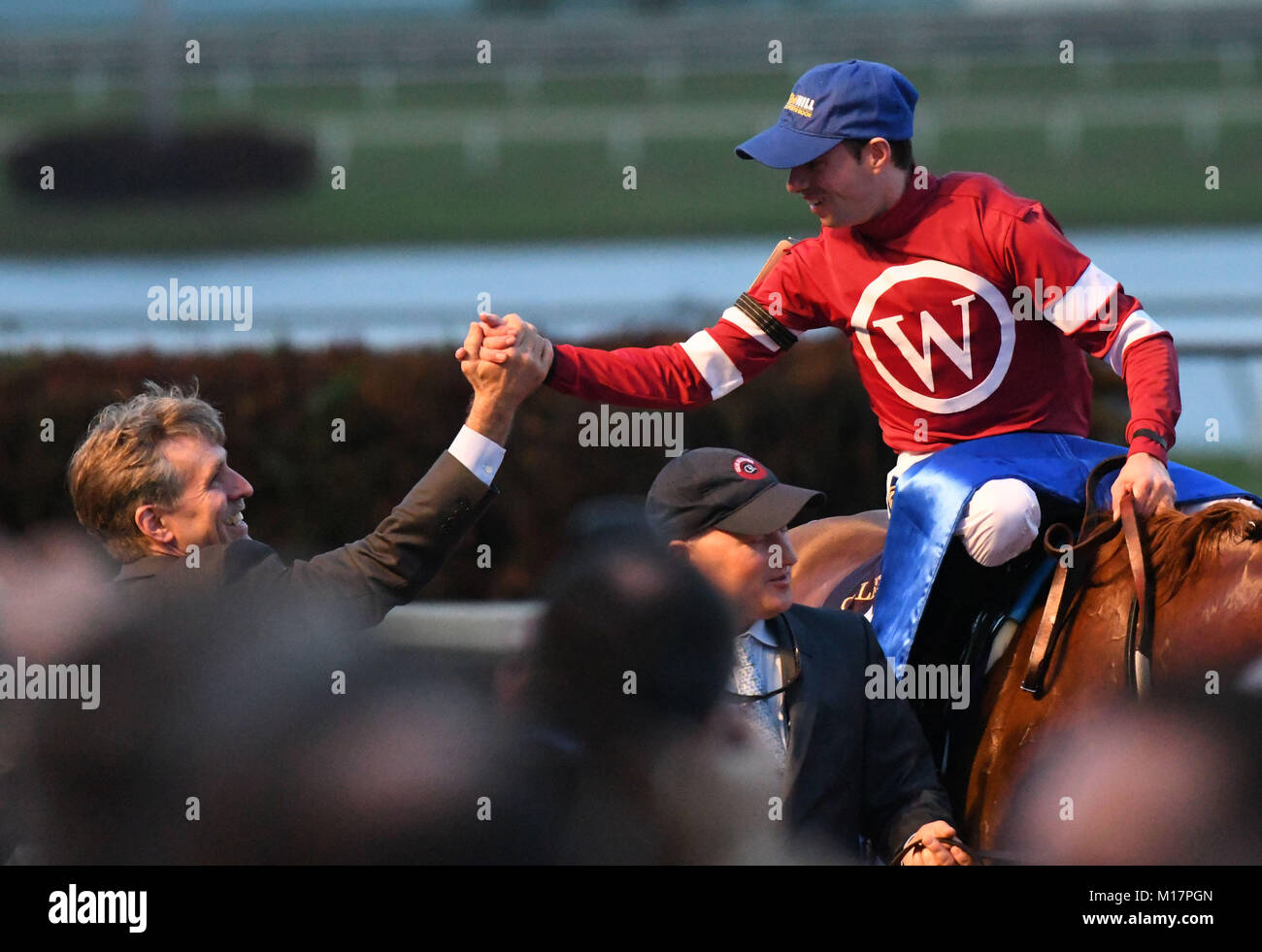 Hallandale Beach, FL, USA. 27 Jan, 2018. Florent Geroux an Bord Gun Runner gewinnt die 2018 Pegasus Wm Einladungs. Gulfstream Park. Hallandale Beach, FL. 1/27/18. Fotograf Jim Rassol Credit: Sonne-hinweissymbol/ZUMA Draht/Alamy leben Nachrichten Stockfoto