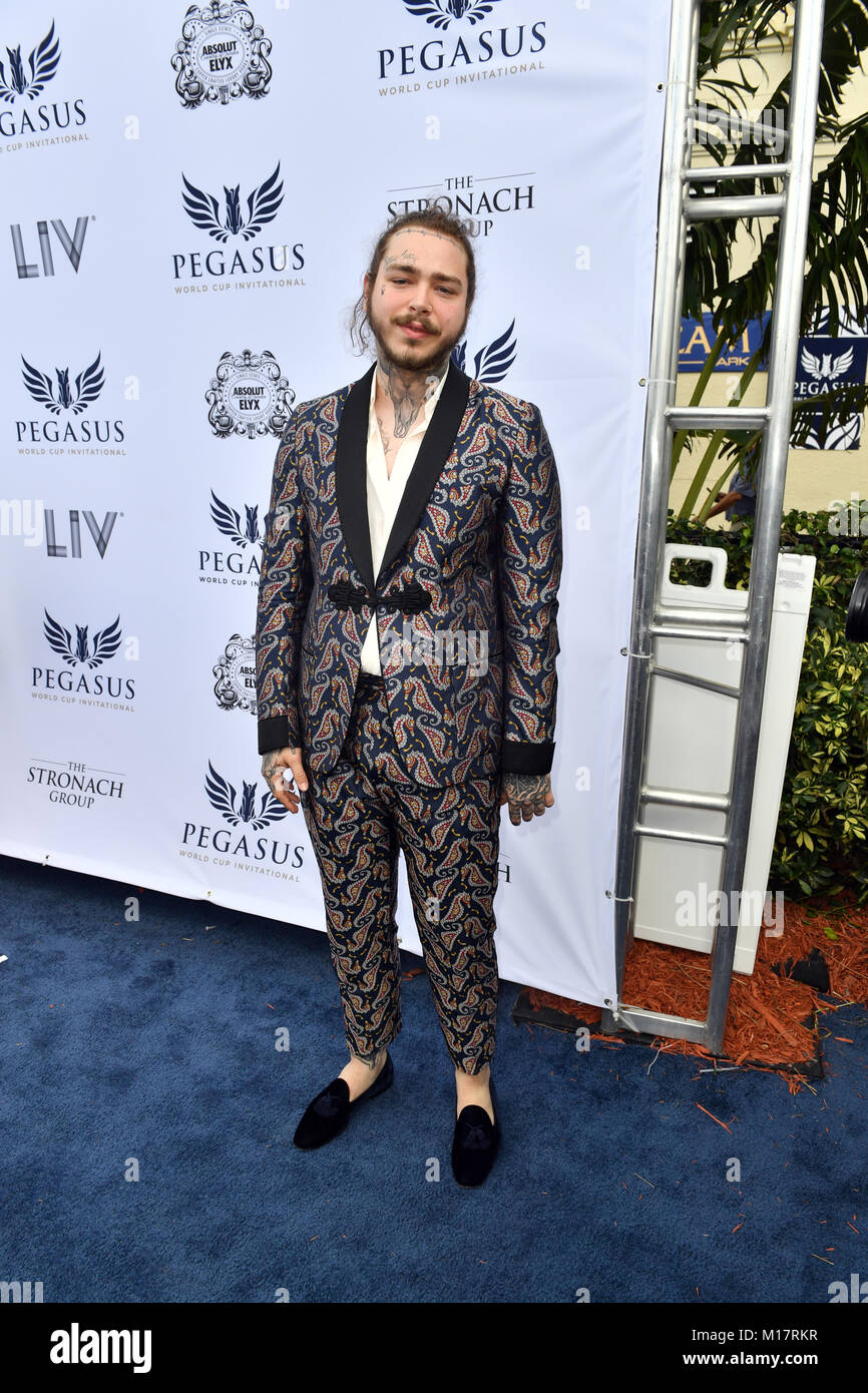 HALLANDALE, FL - Januar 27: Post Malone Spaziergänge die Liv blauen Teppich an die $ 16 Mio. Pegasus Wm Einladungs, den Reichsten Vollblüter Pferderennen bei Gulfstream Park am Januar 27, 2018 in Hallandale, Florida Personen: Post Malone*** NEW YORK TÄNDELT OUT**** Stockfoto