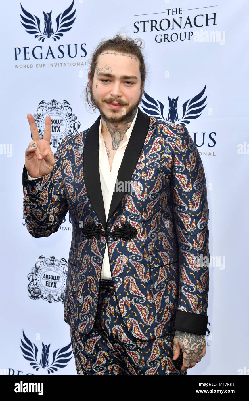 HALLANDALE, FL - Januar 27: Post Malone Spaziergänge die Liv blauen Teppich an die $ 16 Mio. Pegasus Wm Einladungs, den Reichsten Vollblüter Pferderennen bei Gulfstream Park am Januar 27, 2018 in Hallandale, Florida Personen: Post Malone*** NEW YORK TÄNDELT OUT**** Stockfoto