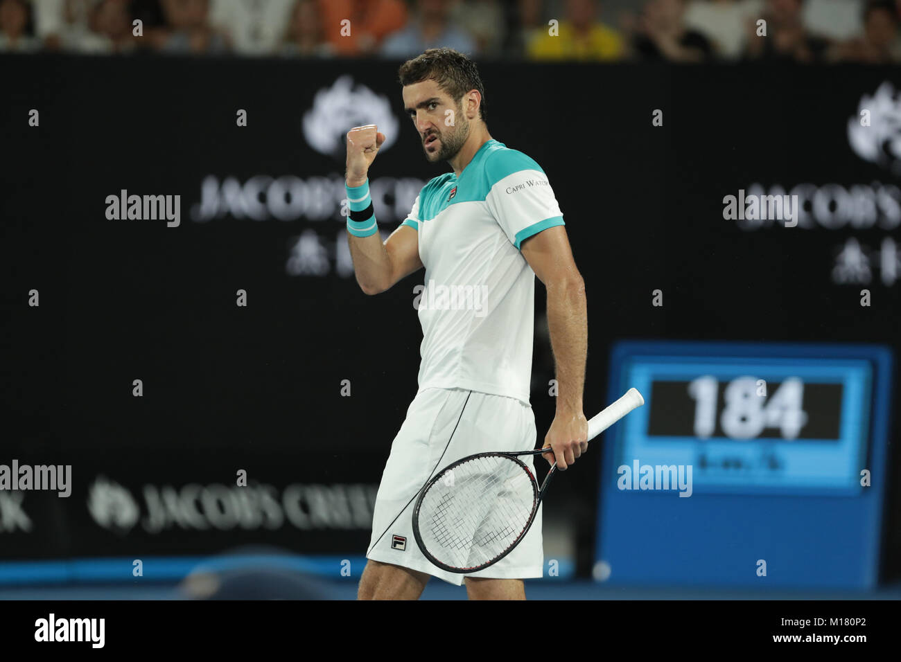 Melbourne, Australien. 28. Januar 2018. Bosniakische tennis player Marin Cilic ist in Aktion während seiner Finale bei den Australian Open match vs schweizer Tennisspieler Roger Federer am 28.Januar 2018 in Melbourne, Australien. - © Yan Lerval/Alamy leben Nachrichten Stockfoto