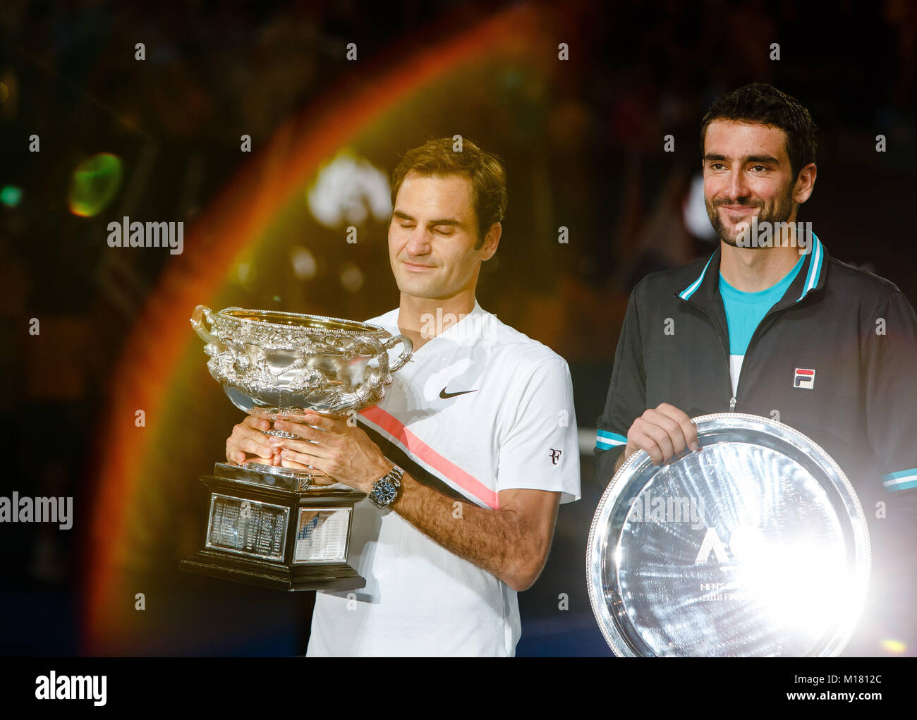 Melbourne, Australien, 28. Januar 2018: Schweizer Tennisspieler Roger Federer gewinnt sein 20 Grand Slam Titel bei den Australian Open 2018 in Melbourne Park. Credit: Frank Molter/Alamy leben Nachrichten Stockfoto