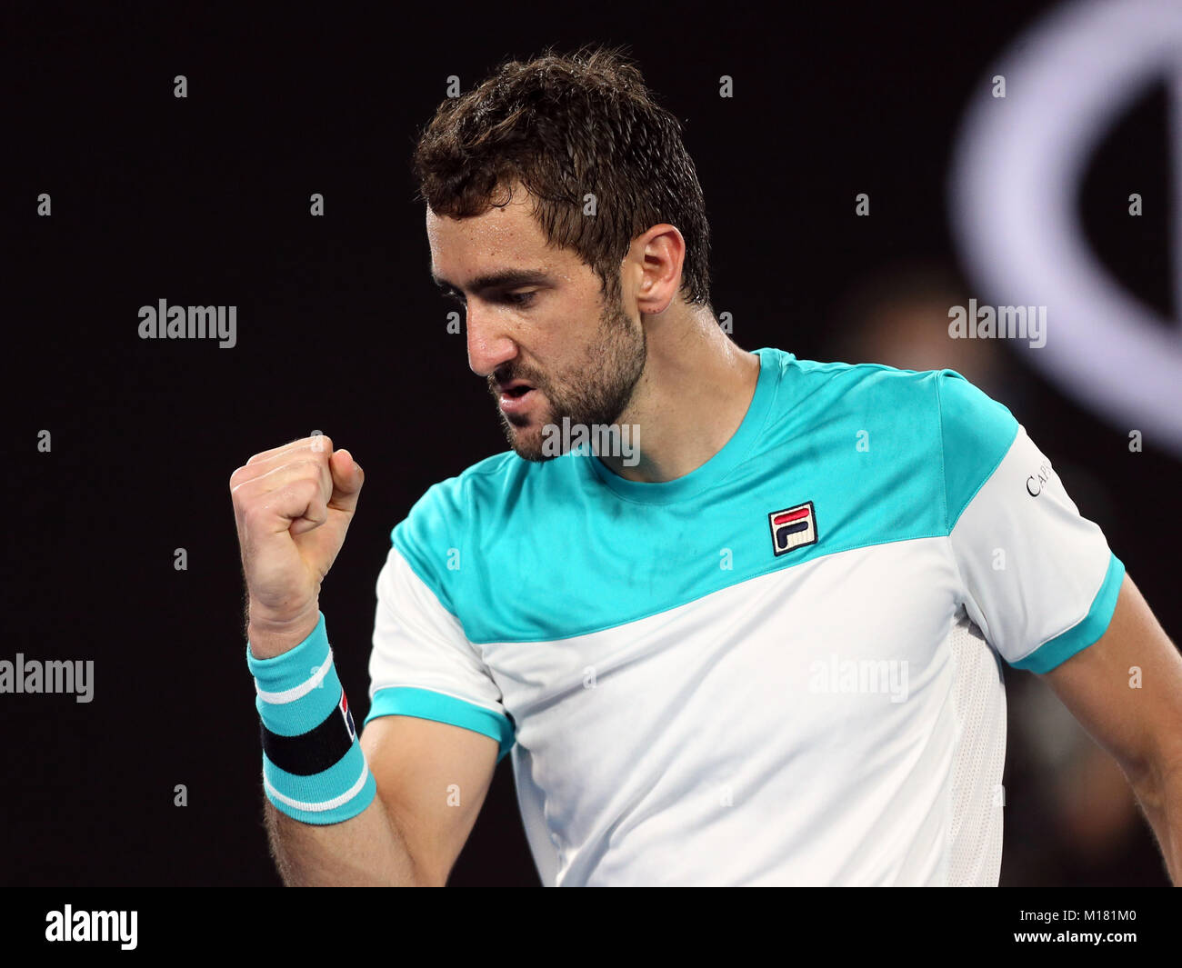 Melbourne, Australien. 28 Jan, 2018. Kroatiens Marin Cilic feiert während der Männer singles Finale gegen die Schweizer Roger Federer am Australian Open 2018 in Melbourne, Australien, Jan. 28, 2018. Credit: Li Peng-/Xinhua/Alamy leben Nachrichten Stockfoto