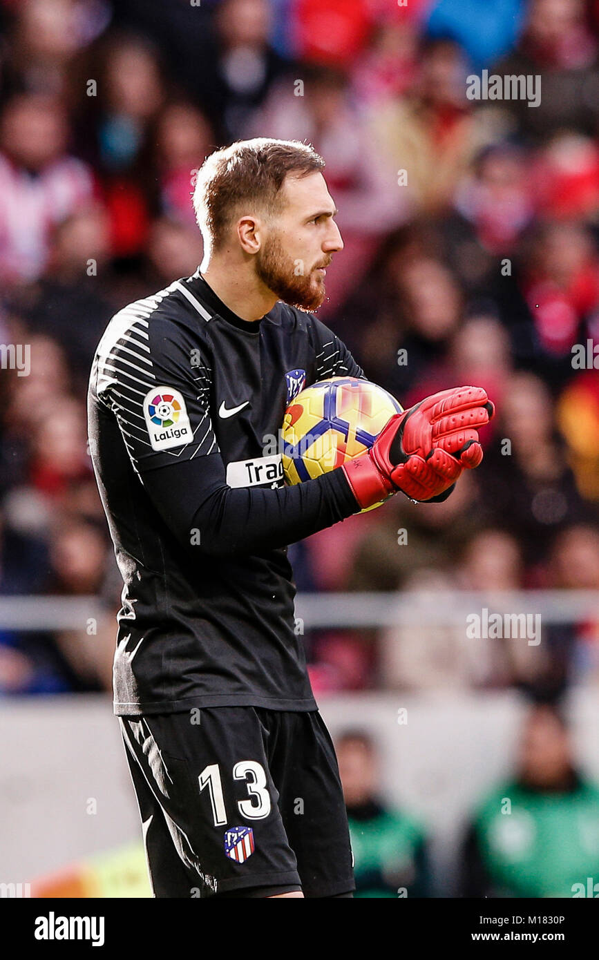 Jan Oblak (Atletico de Madrid) in Aktion während der Partie La Liga Match zwischen Atletico de Madrid vs UD Las Palmas an der Wanda Metropolitano Stadion in Madrid, Spanien, 28. Januar 2018. Credit: Gtres Información más Comuniación auf Linie, S.L./Alamy leben Nachrichten Stockfoto