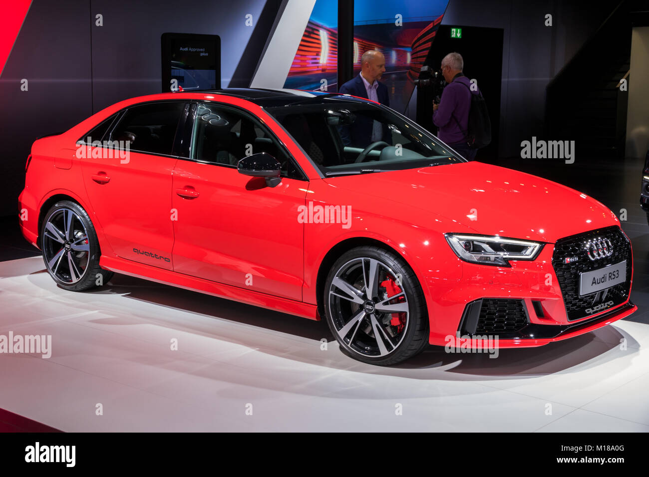 Brüssel - Jan 10, 2018: 2018 Audi RS 3 Limousine auf dem Automobil-Salon in Brüssel vorgestellt. Stockfoto