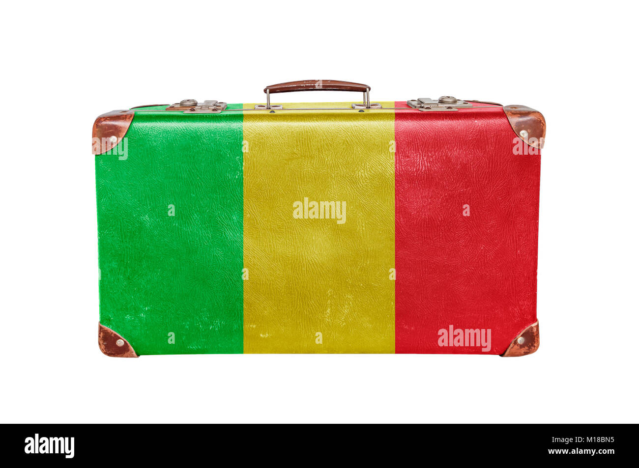 Vintage Koffer mit Mali Flagge auf weißem Hintergrund Stockfoto