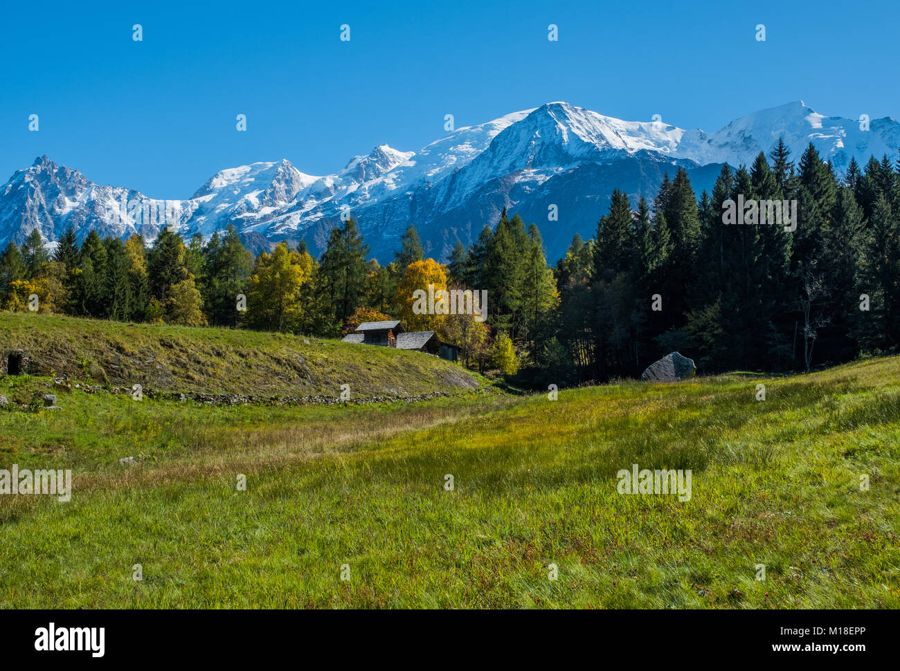 Blick auf den Mont Blanc aus Charousse, Chamonix, Frankreich Stockfoto