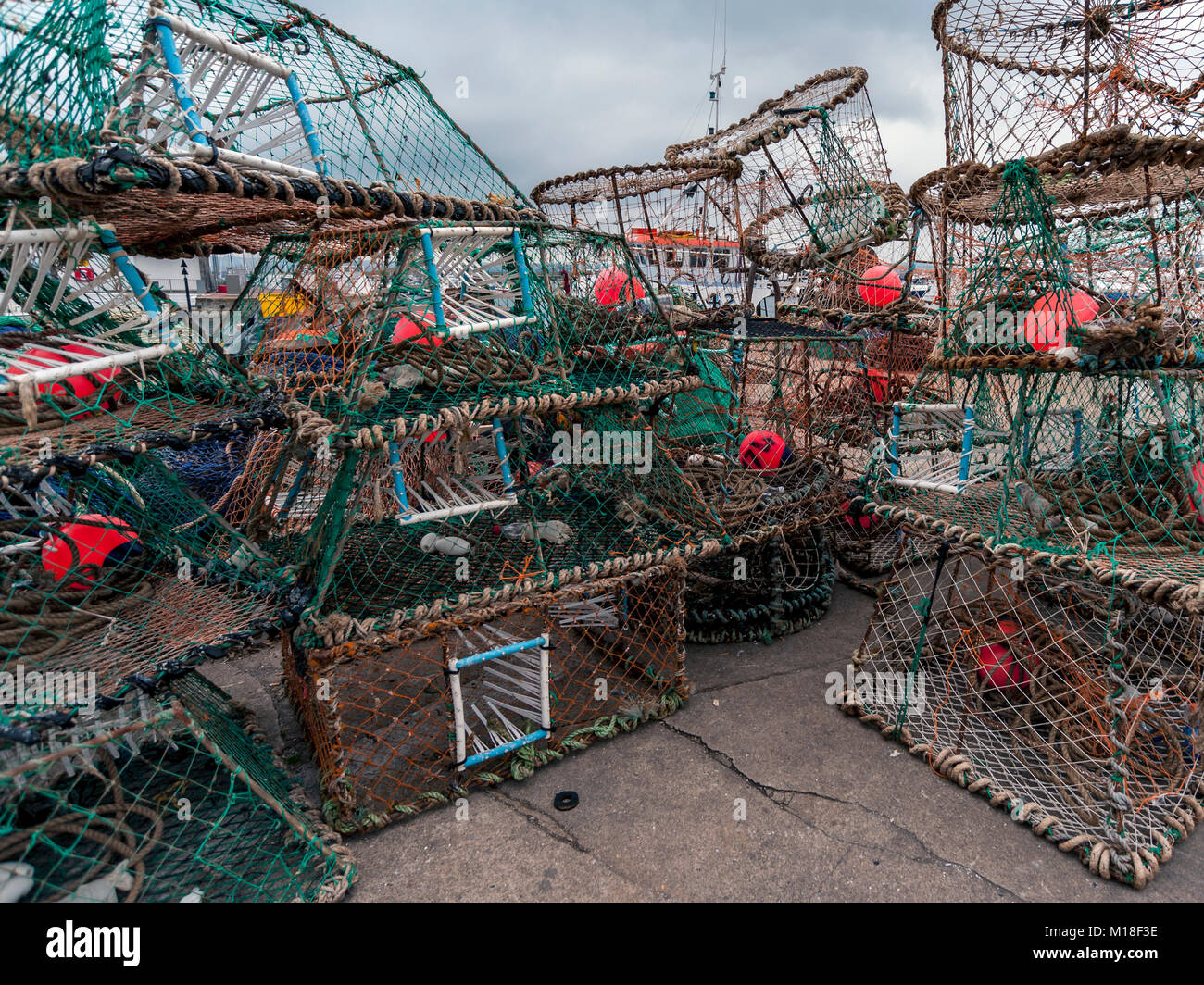 TORQUAY, DEVON, Großbritannien - 06. JUNI 2009: Hummer und Krabbenbecher am Kai am Hafen Stockfoto
