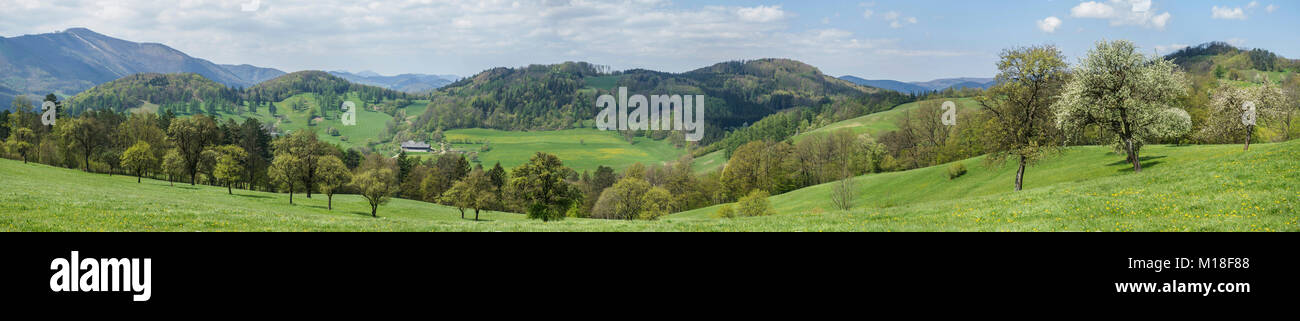 Panorama im Frühling, mit Bergen Hocheck, Fuchsbauer, Nöstach, Lower Austria, Austria Stockfoto