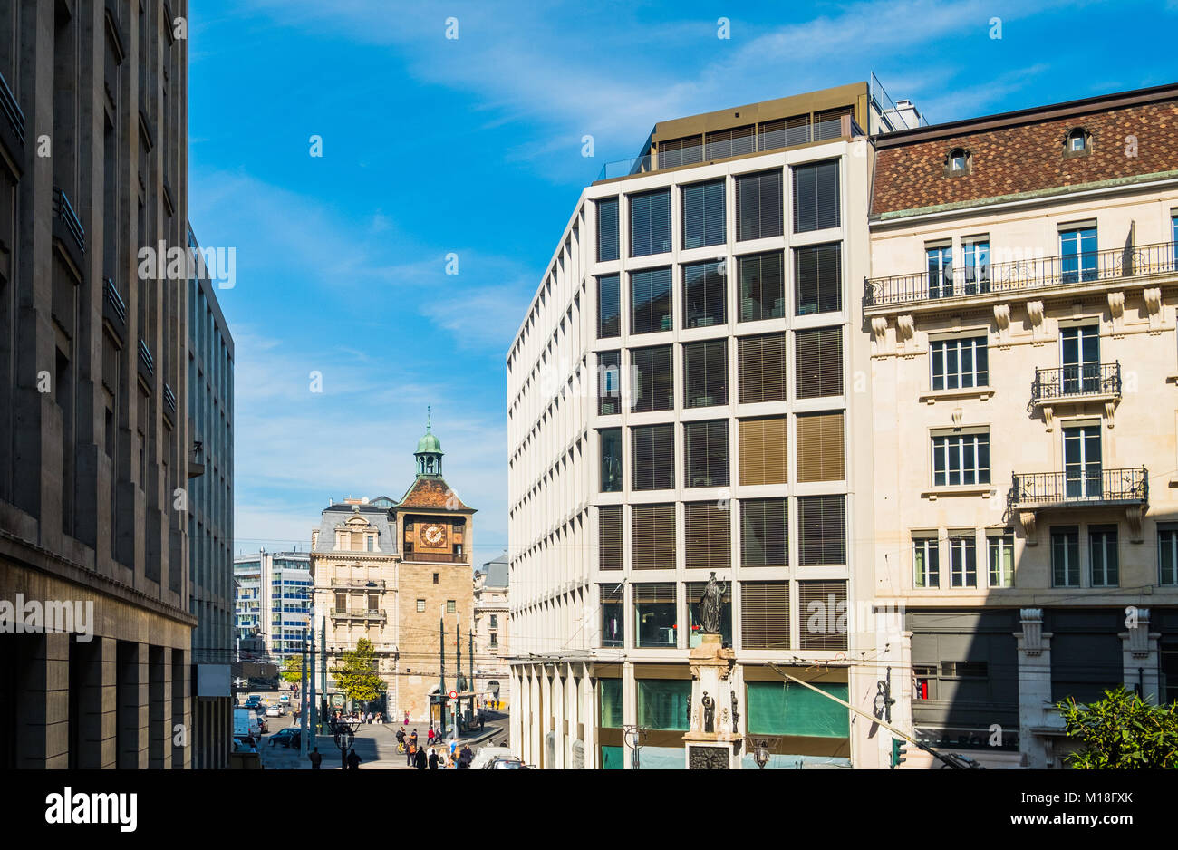 Historische Gebäude in der Innenstadt von Genf, Schweiz Stockfoto