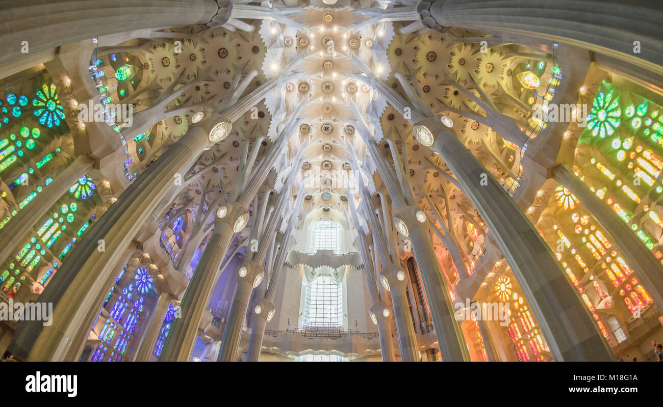 Innenansicht der Sagrada Familia von Antoni Gaudi, Barcelona, Katalonien, Spanien Stockfoto