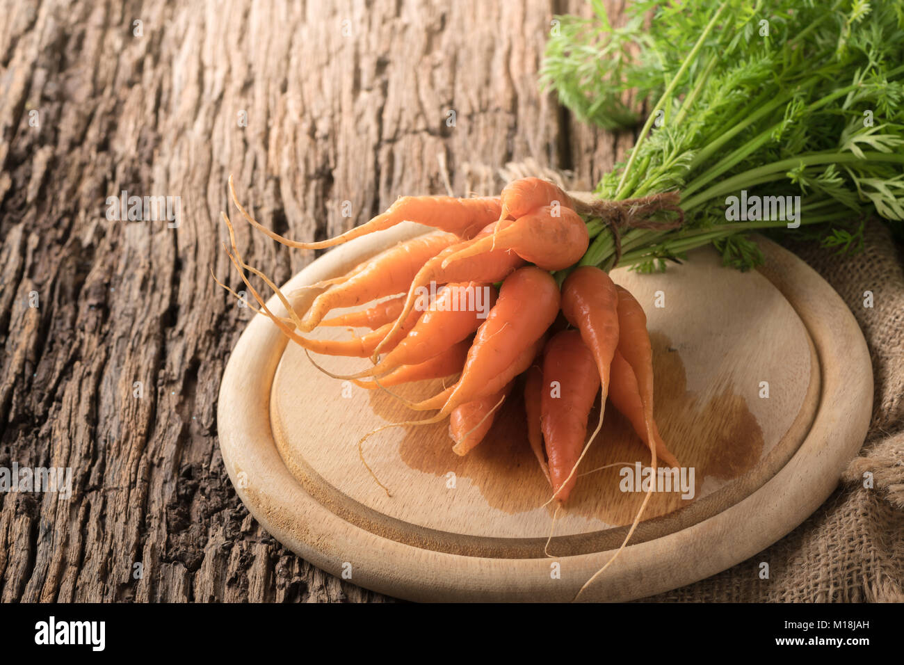 Frische Bio Karotten mit grünen Blättern auf Holz und Holz Hintergrund. Gemüse. Gesunde Ernährung Stockfoto