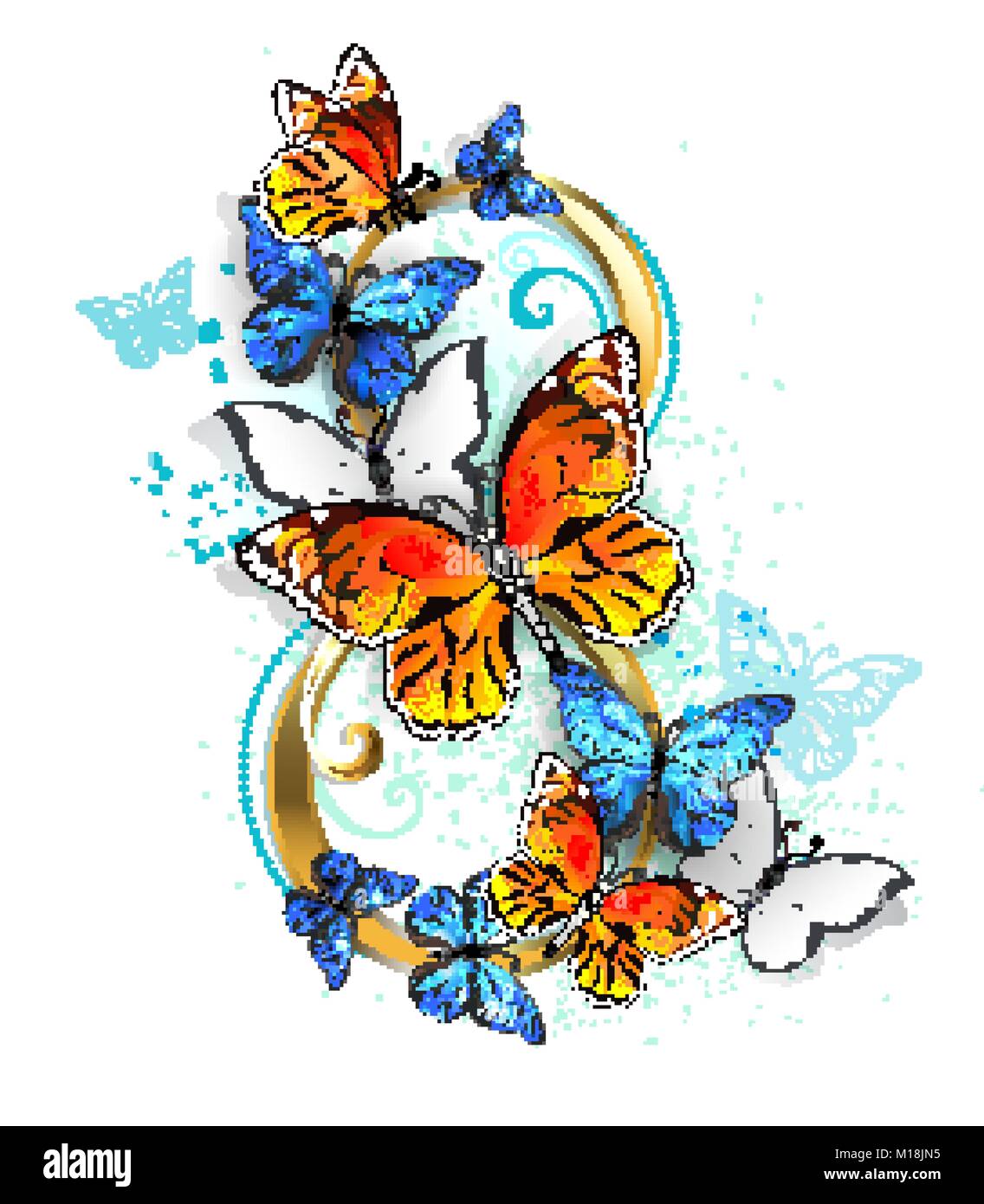 Abbildung von acht aus Gold, verziert mit realistischen Orange und Blau auf weißem Hintergrund. Schmetterling morpho und Monarch. Design mit Schmetterlingen. Stock Vektor