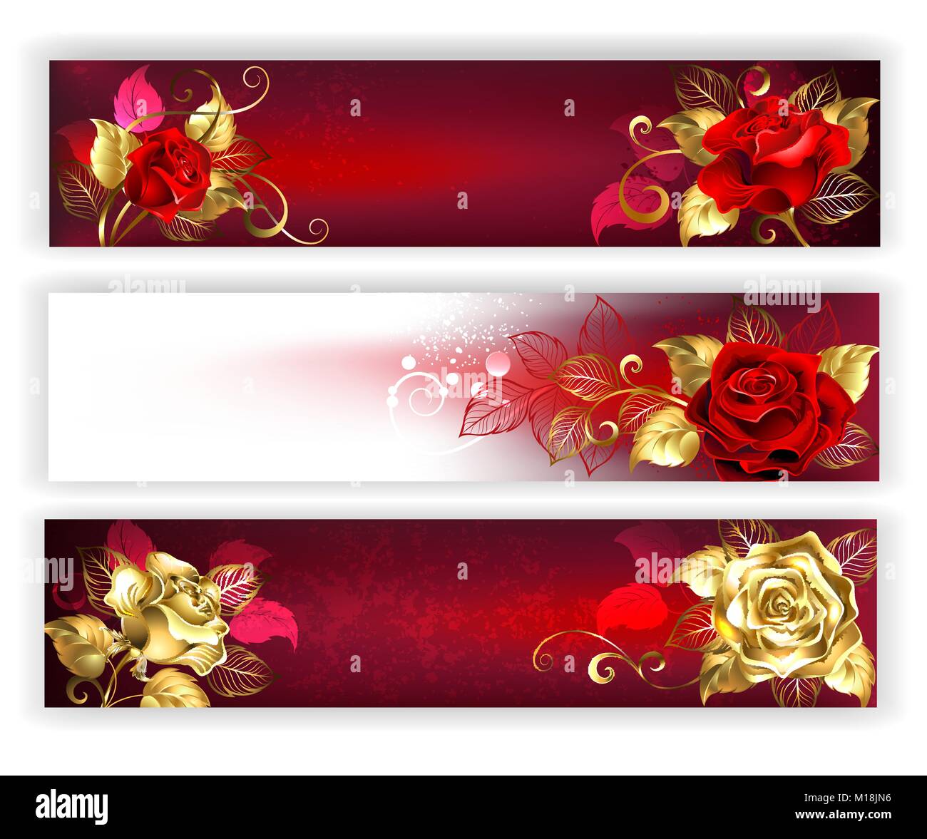 Drei horizontale Banner mit Rot und Gold Schmuck Rosen mit Blattgold. Goldene Rosen. Design mit Rosen. Stock Vektor