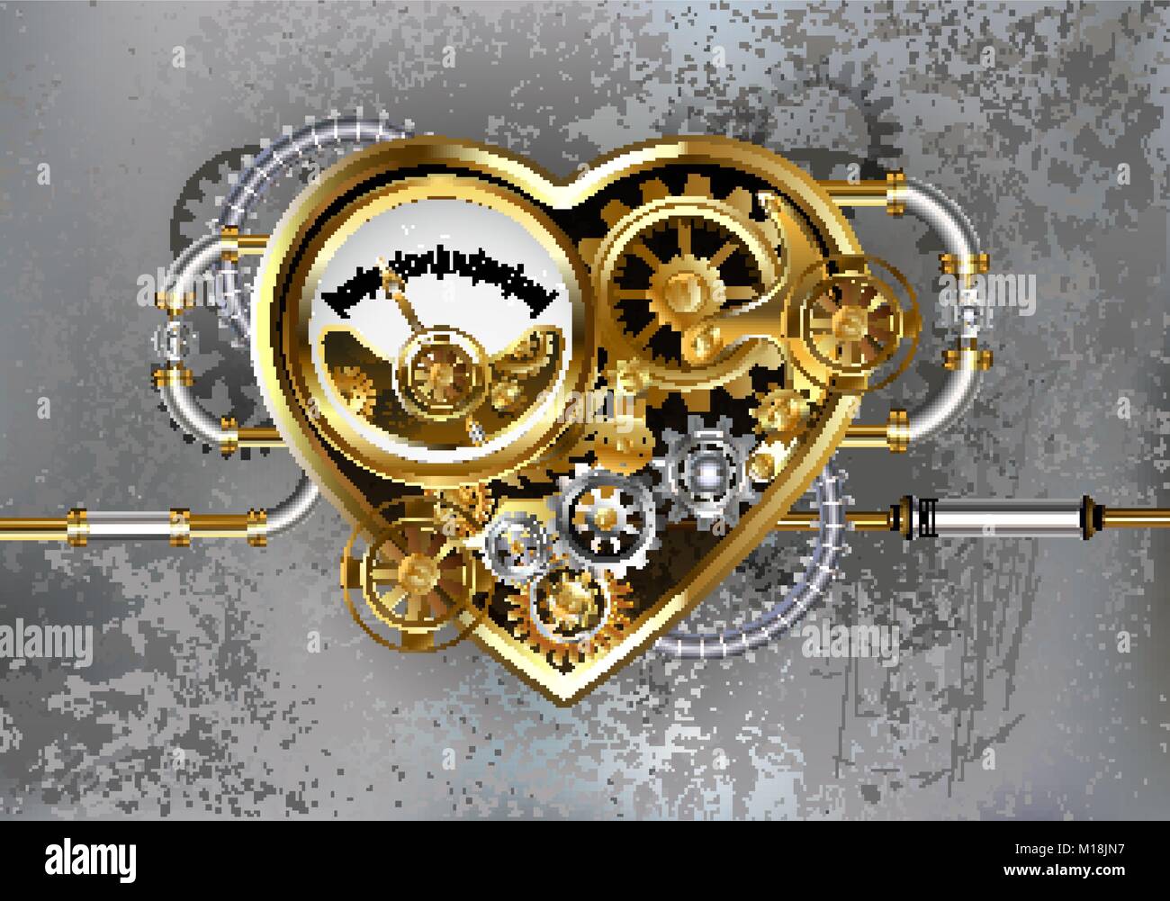 Mechanische Herz mit Manometer, Stahl und Gold Zahnräder auf Grau industriellen Hintergrund. Industrial Design. Stock Vektor